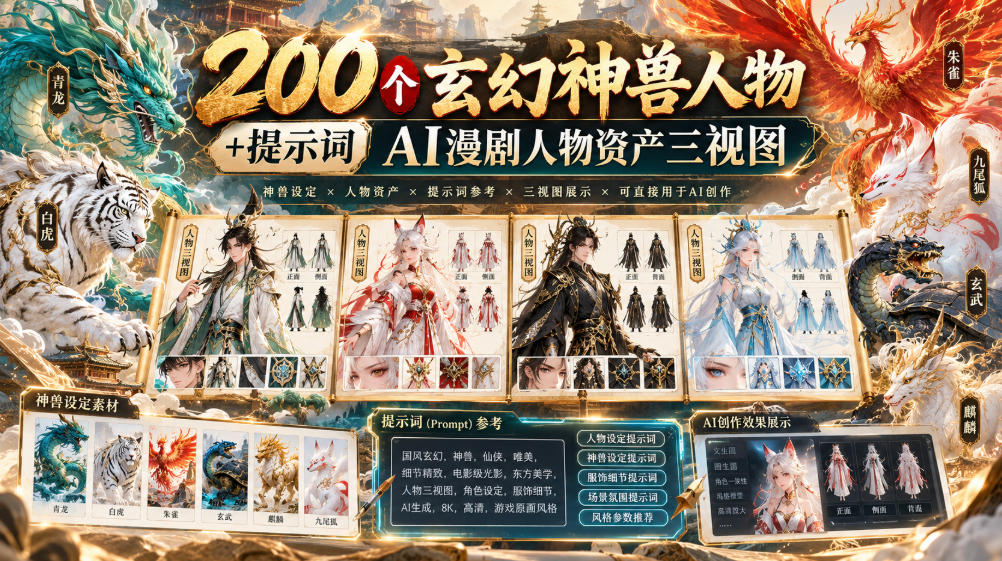 200个玄幻神兽人物+提示词ai漫剧人物资产三视图-HEIXMI（中国站）