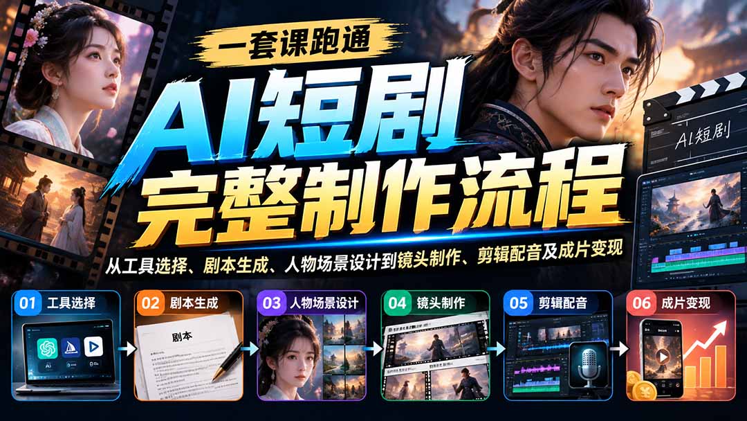 一套课跑通AI短剧完整制作流程：从工具选择、剧本生成、人物场景设计到镜头制作、剪辑配音及成片变现-HEIXMI（中国站）
