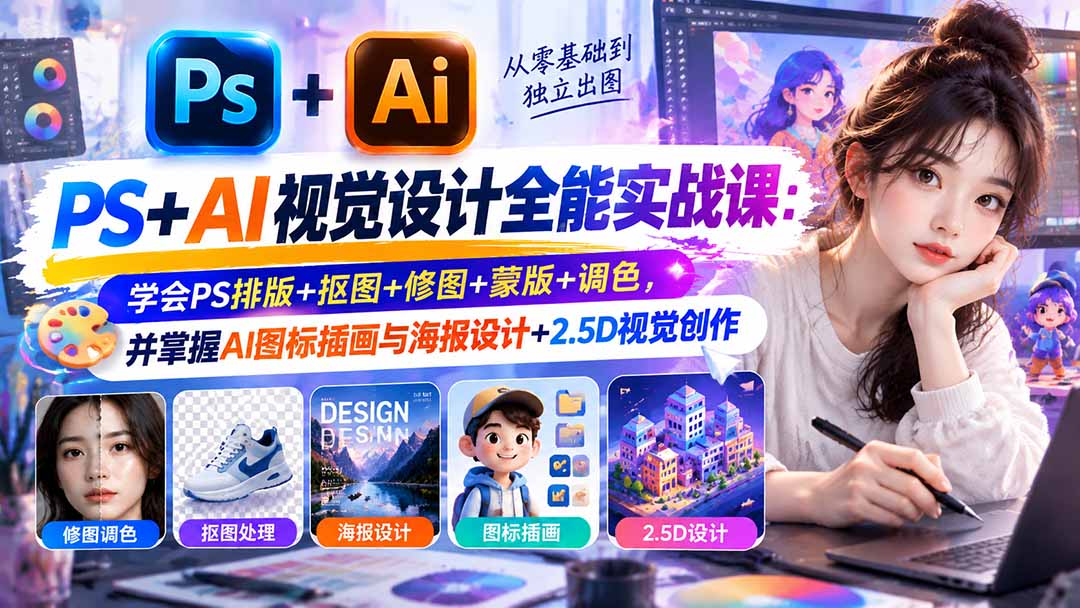 【无水印】PS+AI视觉设计全能实战课：学会PS排版+抠图+修图+蒙版+调色，并掌握AI图标插画与海报设计+2.5D视觉创作-HEIXMI（中国站）