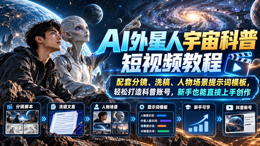 AI外星人宇宙科普短视频教程，配套分镜、洗稿、人物场景提示词模板，轻松打造科普账号，新手也能直接上手创作-HEIXMI（中国站）