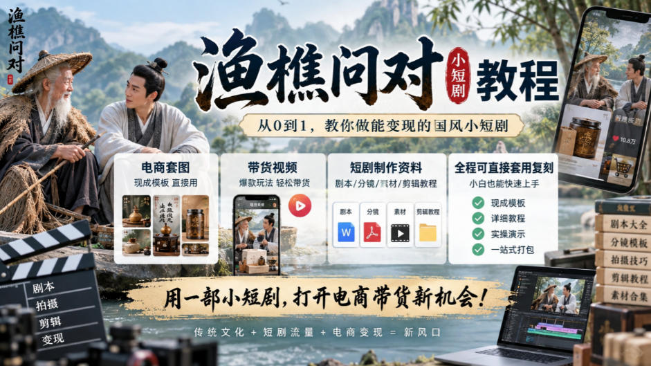 渔樵问对小短剧教程，包含电商套图、带货视频，短剧制作资料，全程可直接套用复刻-HEIXMI（中国站）