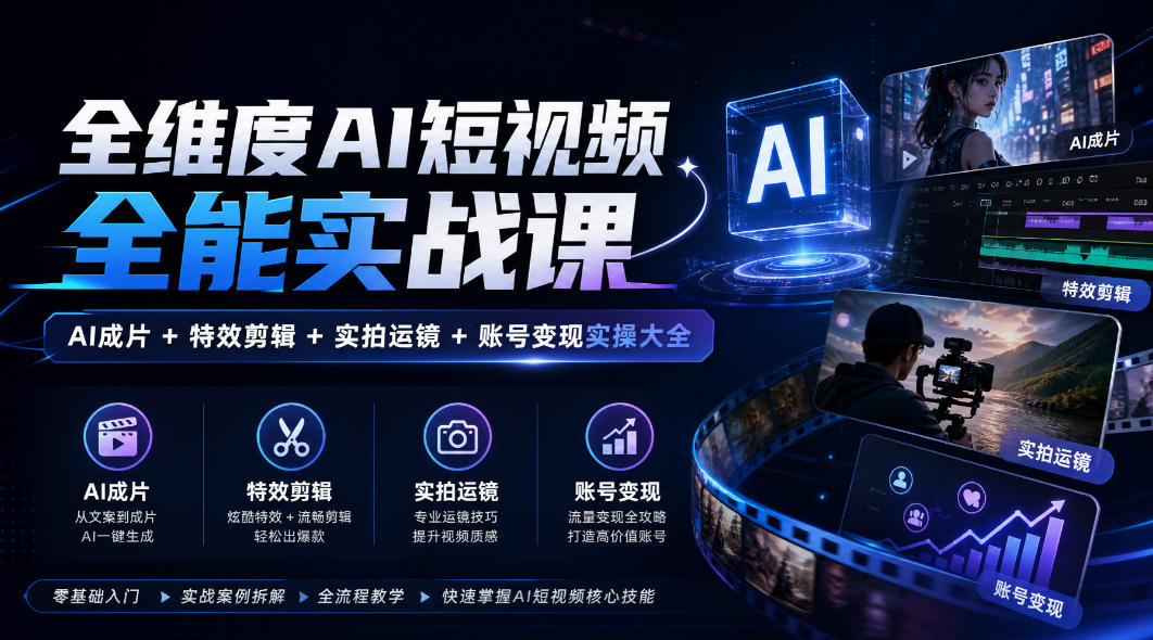 全维度AI短视频全能实战课，AI成片+特效剪辑+实拍运镜+账号变现实操大全-HEIXMI（中国站）