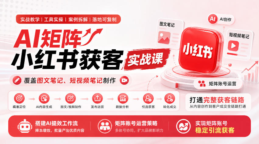 AI矩阵小红书获客实战课，覆盖图文笔记、短视频笔记制作，打通完整获客链路，搭建AI提效工作流，实现矩阵账号稳定引流获客-HEIXMI（中国站）