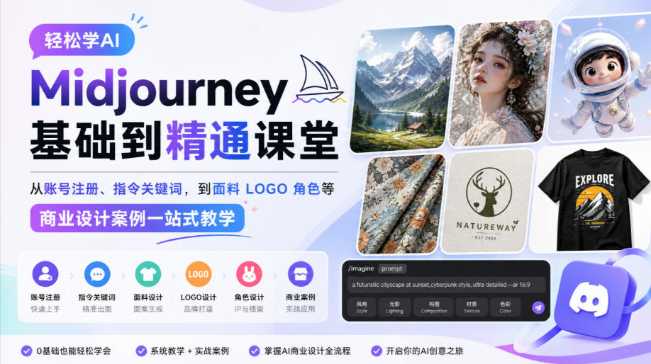 轻松学AI Midjourney基础到精通课堂，从账号注册、指令关键词，到面料LOGO角色等商业设计案例一站式教学-HEIXMI（中国站）