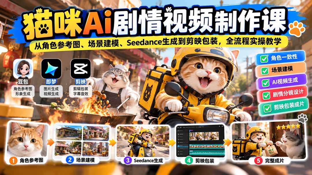 猫咪AI剧情视频制作课：从角色参考图、场景建模、Seedance生成到剪映包装，全流程实操教学-HEIXMI（中国站）