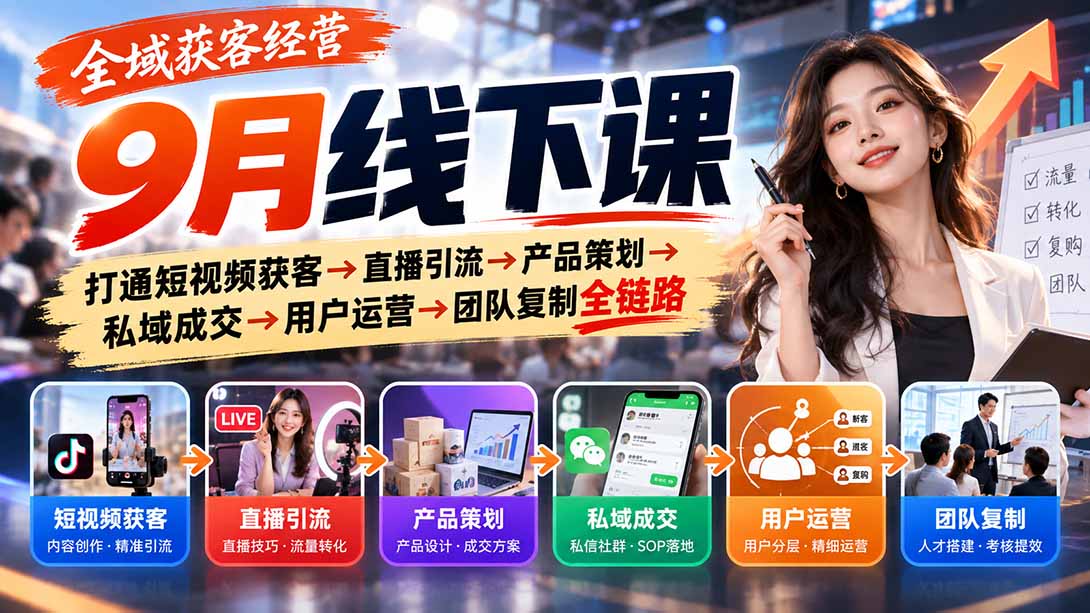 全域获客经营9月线下课：打通短视频获客→直播引流→产品策划→私域成交→用户运营→团队复制全链路-HEIXMI（中国站）