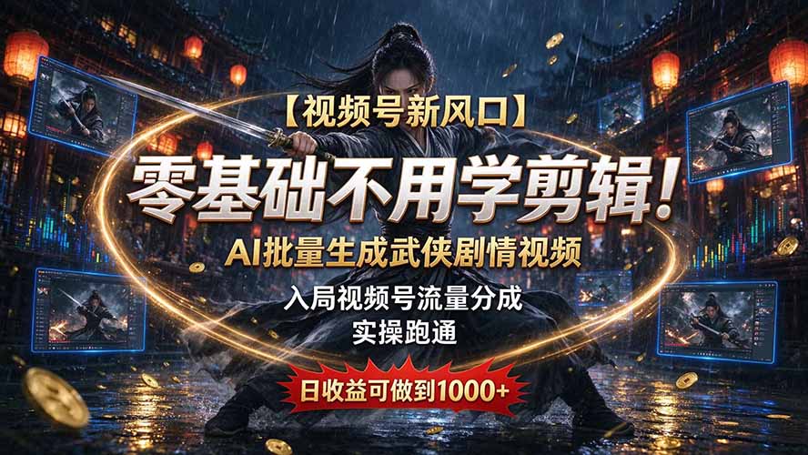 【视频号新风口】零基础不用学剪辑！AI 批量生成武侠剧情视频，入局视频号流量分成，实操跑通，日收益可做到 1000+-HEIXMI（中国站）