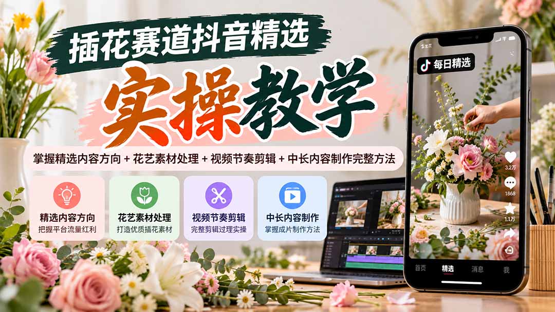 插花赛道抖音精选实操教学：掌握精选内容方向+花艺素材处理+视频节奏剪辑+中长内容制作完整方法-HEIXMI（中国站）