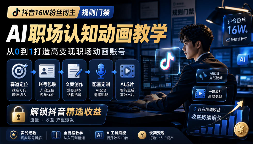 抖音16W粉丝博主规则门禁的AI职场认知动画教学，从赛道定位、账号包装，到文案创作、配音定制、AI成片，解锁抖音精选收益-HEIXMI（中国站）
