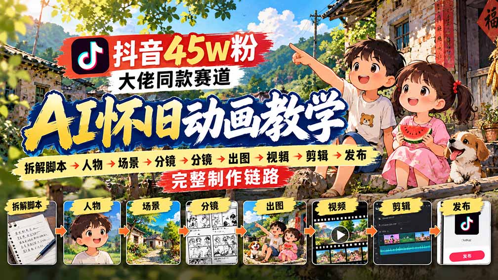 抖音45W粉大佬同款赛道AI怀旧动画教学：拆解脚本→人物→场景→分镜→出图→视频→剪辑→发布完整制作链路-HEIXMI（中国站）