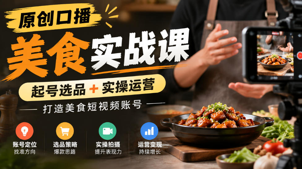 原创口播美食实战课，起号选品+实操运营，打造美食短视频账号-HEIXMI（中国站）