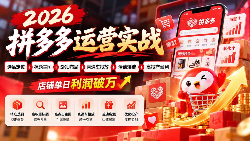 2026拼多多运营实战-更新1002：选品定位+标题主图+SKU布局+直通车投放+活动爆流+高投产盈利 店铺单日利润破万-HEIXMI（中国站）