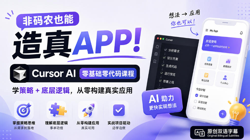 非码农也能造真APP！Cursor AI零基础零代码课程：学策略+底层逻辑，从零构建真实应用【原创双语字幕】-HEIXMI（中国站）