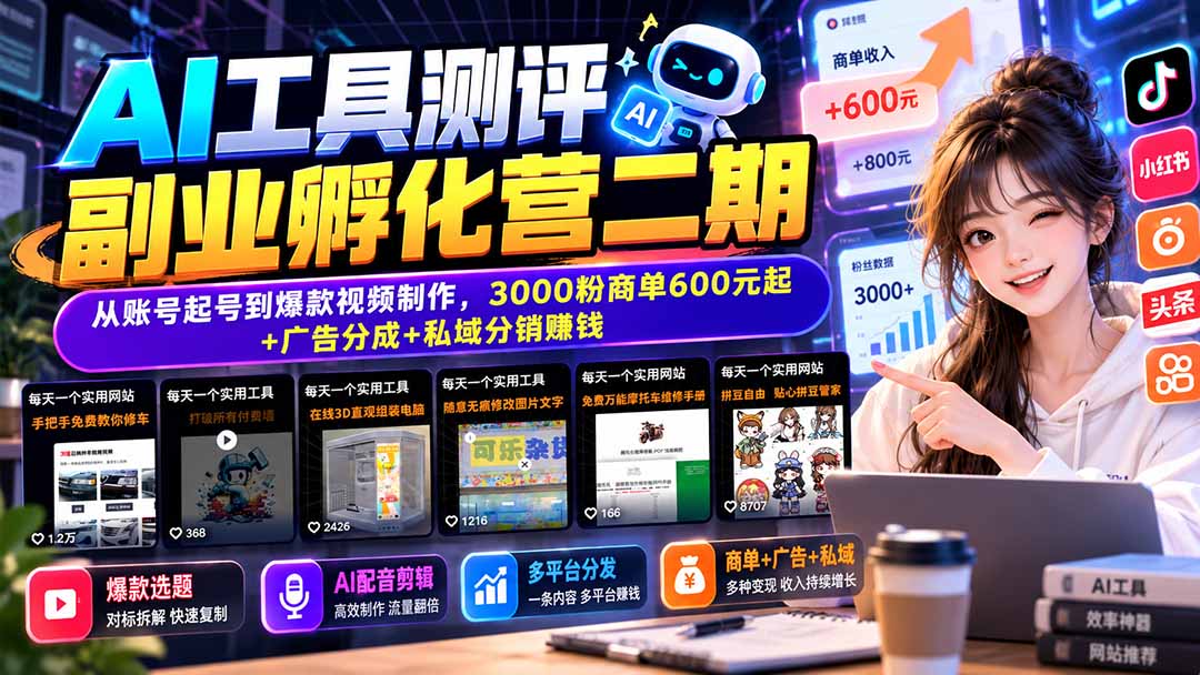 AI工具测评副业孵化营二期：从账号起号到爆款视频制作，3000粉商单600元起+广告分成+私域分销赚钱-HEIXMI（中国站）