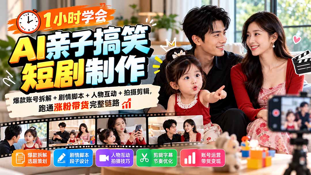 1小时学会AI亲子搞笑短剧制作：爆款账号拆解+剧情脚本+人物互动+拍摄剪辑，跑通涨粉带货完整链路-HEIXMI（中国站）