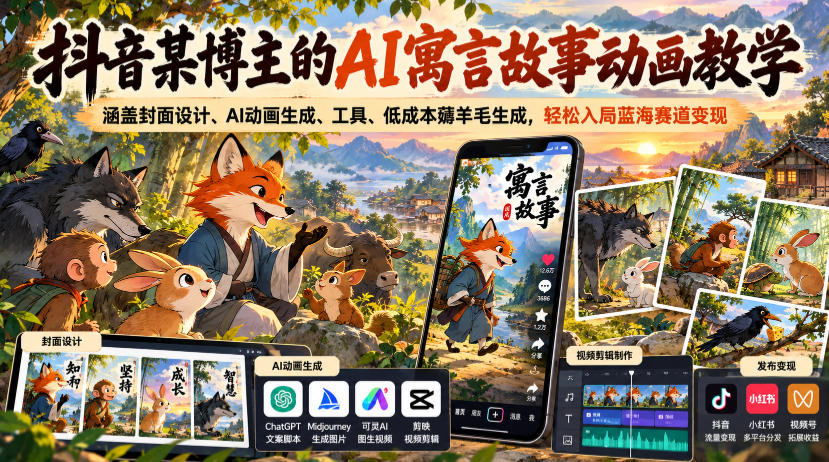 抖音某博主的AI寓言故事动画教学，涵盖封面设计、AI动画生成、工具、低成本薅羊毛生成，轻松入局蓝海赛道变现-HEIXMI（中国站）