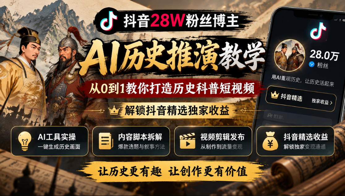 抖音28W粉丝博主的AI历史推演教学，从0到1教你打造历史科普短视频，解锁抖音精选独家收益-HEIXMI（中国站）