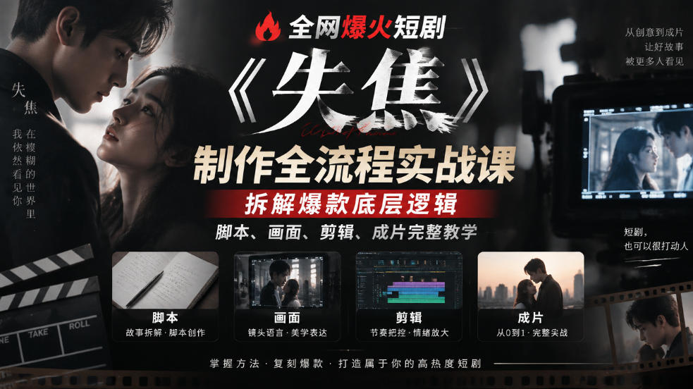全网爆火短剧《失焦》制作全流程实战课｜拆解爆款底层逻辑，脚本、画面、剪辑、成片完整教学-HEIXMI（中国站）
