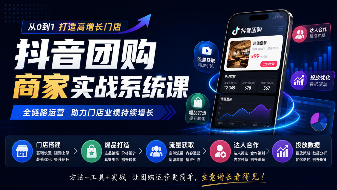 抖音团购商家实战系统课｜门店搭建、爆品打造、流量获取、达人合作、投放数据全链路运营-HEIXMI（中国站）