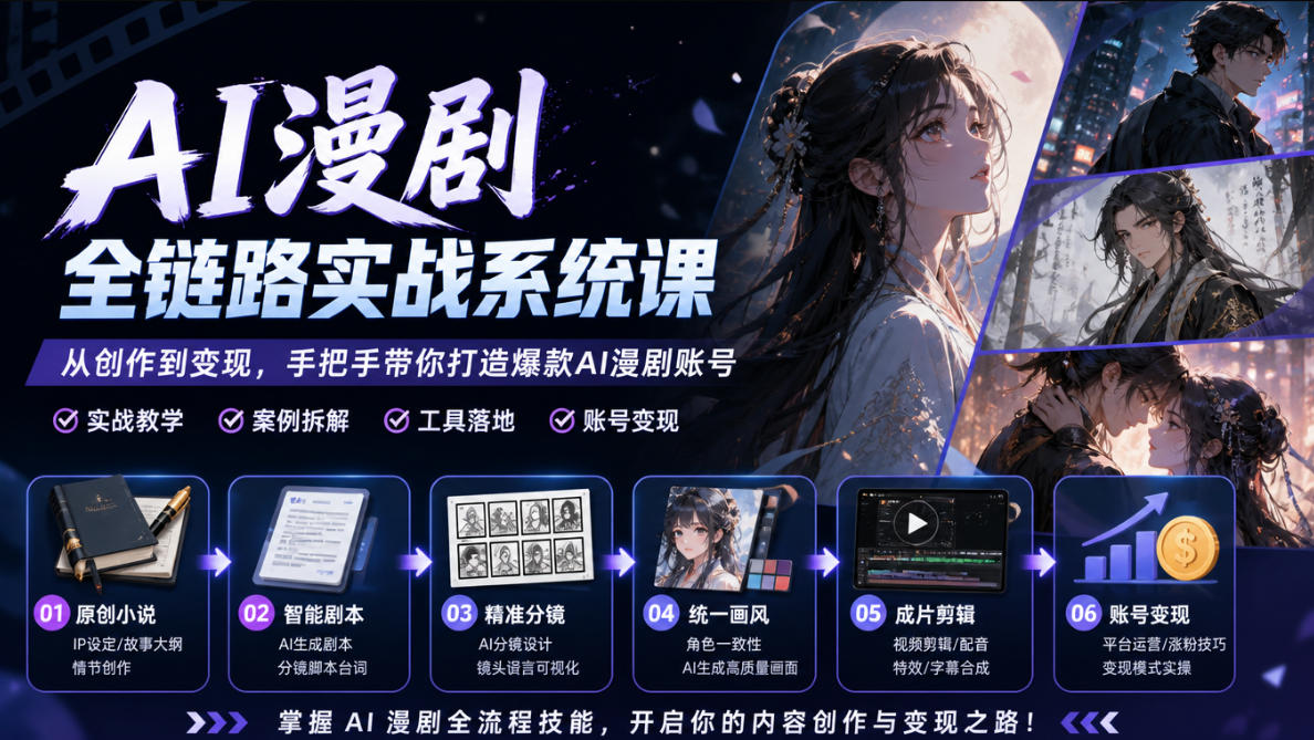 AI漫剧全链路实战系统课｜原创小说、智能剧本、精准分镜、统一画风、成片剪辑、账号变现实操教学-HEIXMI（中国站）