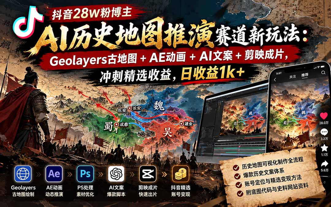 抖音28W粉博主AI历史地图推演赛道新玩法：Geolayers古地图+AE动画+AI文案+剪映成片，冲刺精选收益，日收益1k+-HEIXMI（中国站）