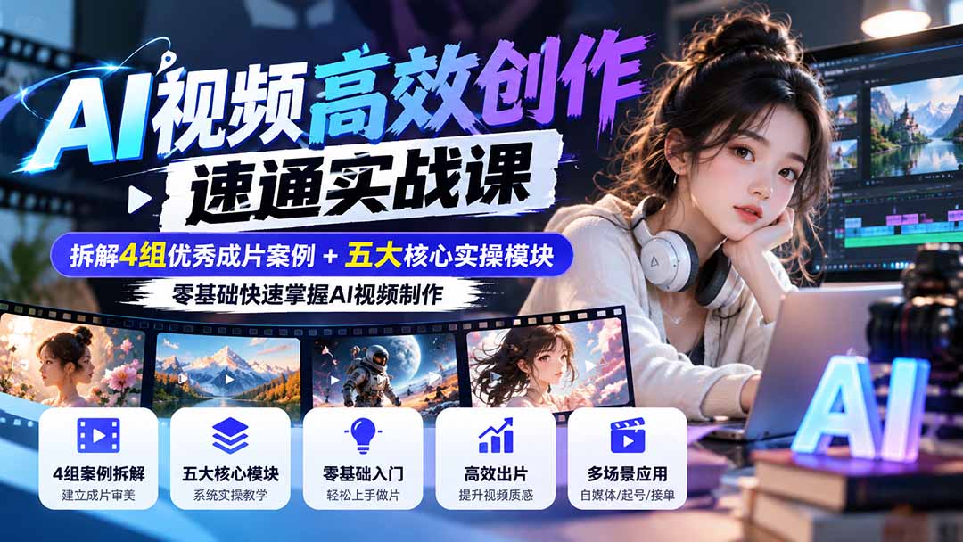 【无水印】AI视频高效创作速通实战课：拆解4组优秀成片案例+五大核心实操模块，零基础快速掌握AI视频制作-HEIXMI（中国站）