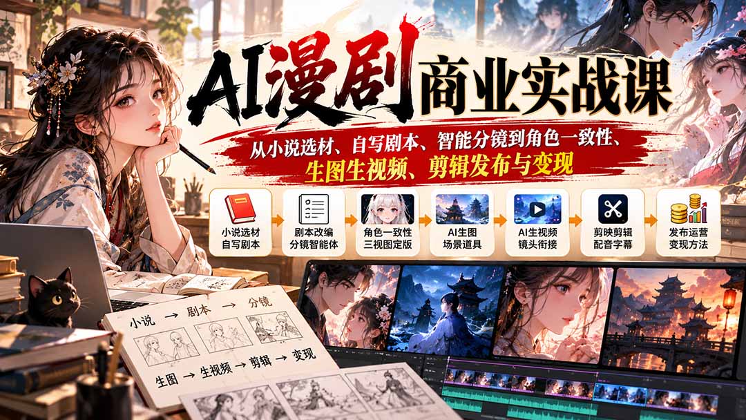 AI漫剧商业实战课：从小说选材、自写剧本、智能分镜到角色一致性、生图生视频、剪辑发布与变现-HEIXMI（中国站）