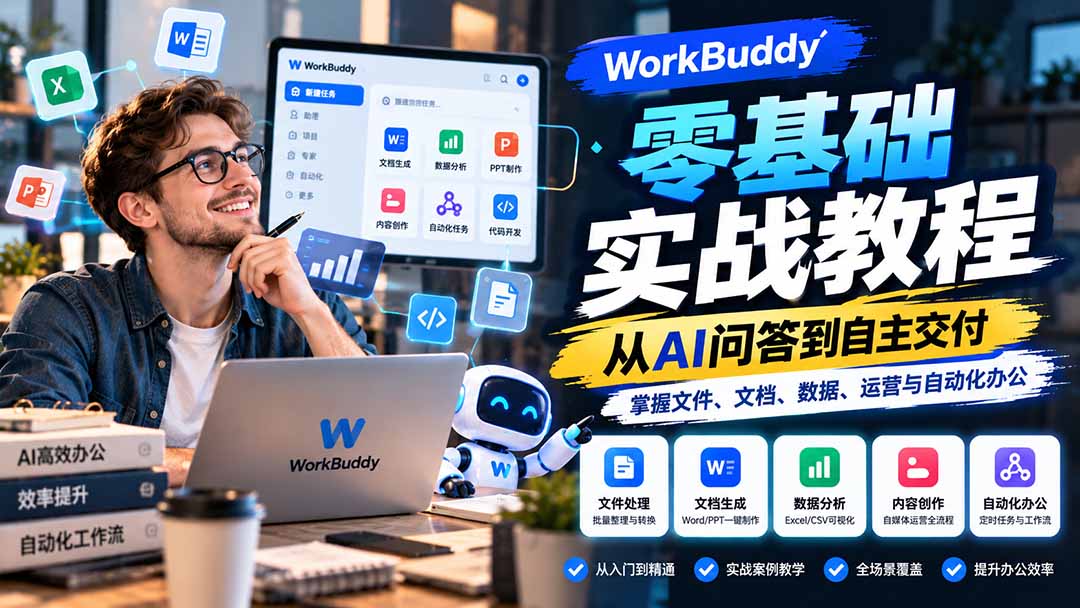 WorkBuddy零基础实战教程：从AI问答到自主交付，掌握文件、文档、数据、运营与自动化办公-HEIXMI（中国站）