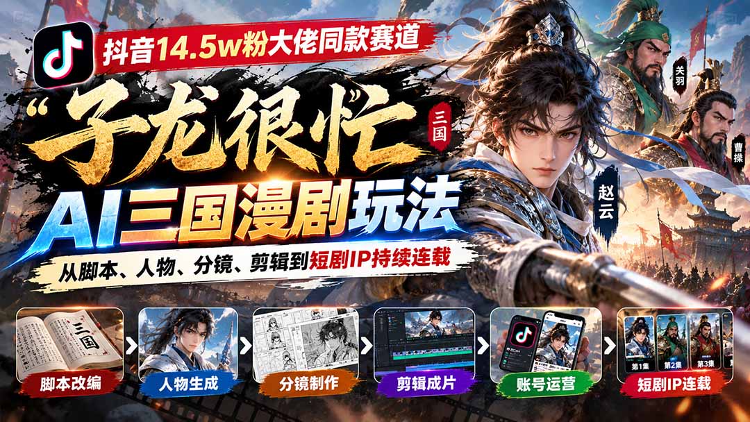 抖音14.5w粉大佬同款赛道「子龙很忙」AI三国漫剧玩法：从脚本、人物、分镜、剪辑到短剧IP持续连载-HEIXMI（中国站）