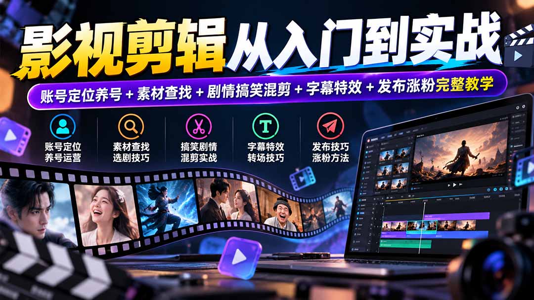 影视剪辑从入门到实战：账号定位养号+素材查找+剧情搞笑混剪+字幕特效+发布涨粉完整教学-HEIXMI（中国站）