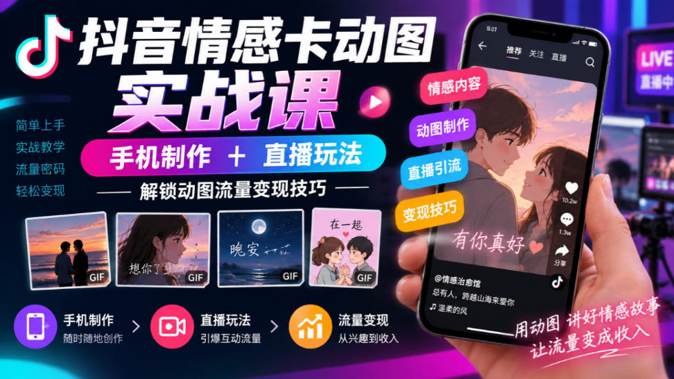 抖音情感卡动图实战课｜手机制作+直播玩法，解锁动图流量变现技巧-HEIXMI（中国站）