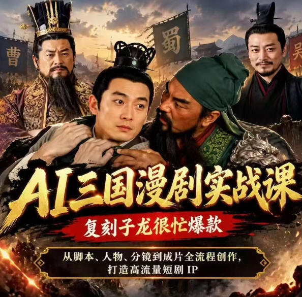 抖音14W粉博主同款AI三国漫剧实战课，复刻子龙很忙爆款，从脚本、人物、分镜到成片全流程创作，打造高流量短剧IP-HEIXMI（中国站）
