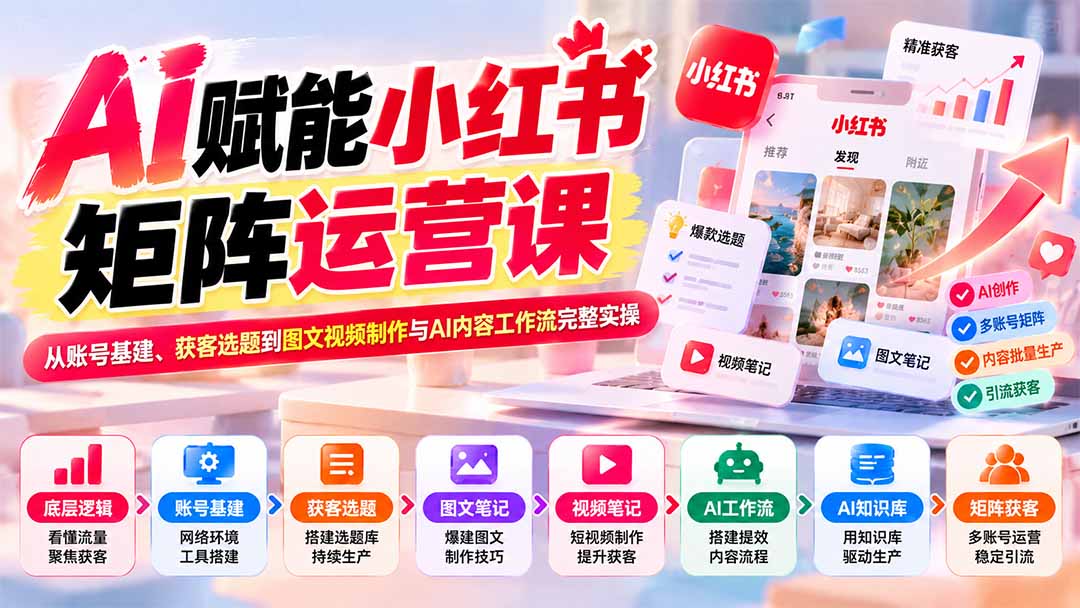 AI赋能小红书矩阵运营课：从账号基建、获客选题到图文视频制作与AI内容工作流完整实操-HEIXMI（中国站）