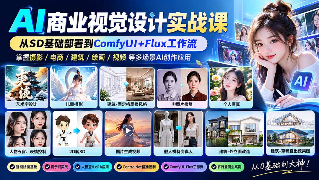 【无水印】AI商业视觉设计实战课：从SD基础部署到ComfyUI+Flux工作流，掌握摄影电商建筑AI创作-HEIXMI（中国站）