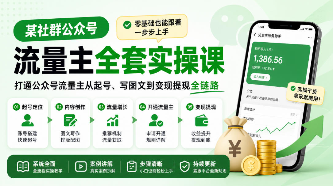 某社群公众号流量主全套实操课，零基础也能跟着一步步上手，打通公众号流量主从起号、写图文到变现提现全链路-HEIXMI（中国站）
