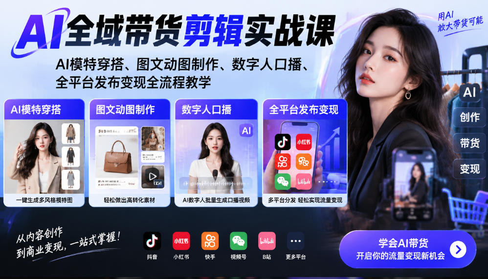 AI全域带货剪辑实战课｜AI模特穿搭、图文动图制作、数字人口播、全平台发布变现全流程教学-HEIXMI（中国站）