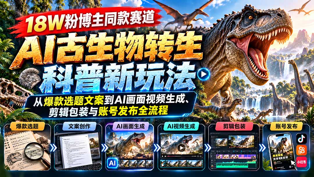 18W粉博主同款赛道-AI古生物转生科普新玩法：从爆款选题文案到AI画面视频生成、剪辑包装与账号发布全流程-HEIXMI（中国站）
