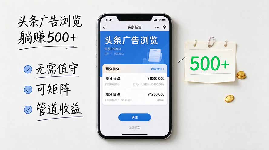 头条广告浏览躺赚500+无需值守，可矩阵并附有管道收益-HEIXMI（中国站）