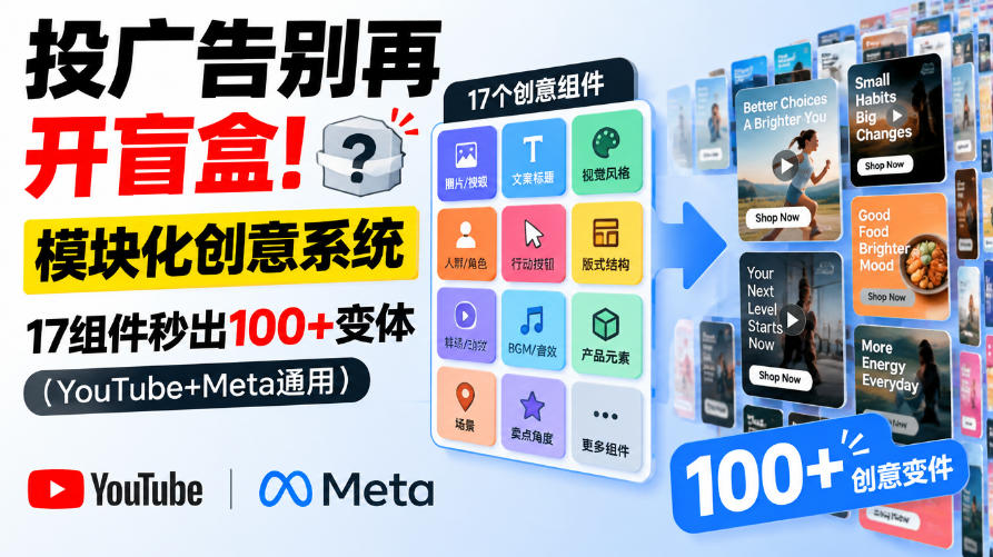 投广告别再开盲盒!模块化创意系统,17组件秒出100+变体(YouTube+Meta通用)【原创双语字幕】