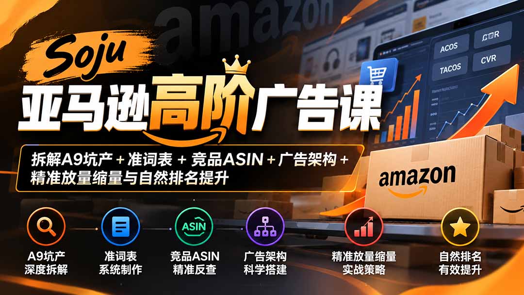 Soju亚马逊高阶广告课：拆解A9坑产+准词表+竞品ASIN+广告架构+精准放量缩量与自然排名提升-HEIXMI（中国站）