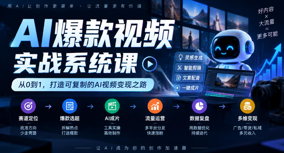 AI爆款视频实战系统课｜赛道定位、爆款选题、AI成片、流量运营、数据复盘、多维变现全链路教学-HEIXMI（中国站）