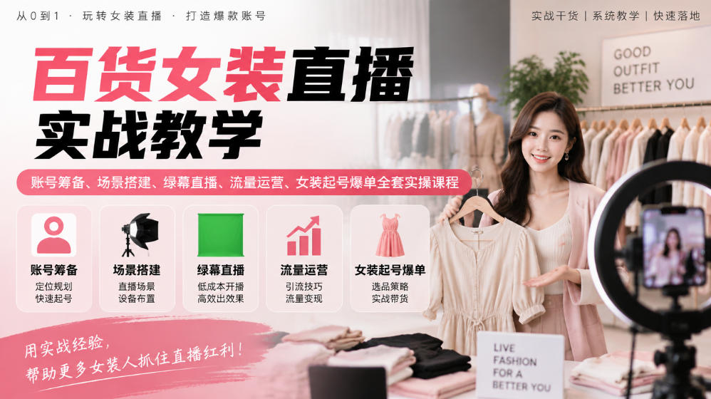 百货女装直播实战教学｜账号筹备、场景搭建、绿幕直播、流量运营、女装起号爆单全套实操课程-HEIXMI（中国站）