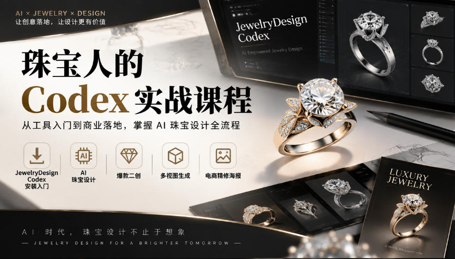 珠宝人的Codex实战课程｜JewelryDesign Codex安装入门、AI珠宝设计、爆款二创、多视图生成、电商精修海报全链路教学-HEIXMI（中国站）
