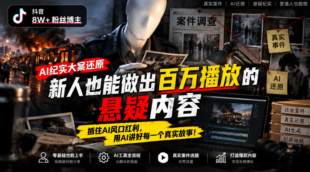 抖音8W粉丝博主的AI纪实大案还原教学，新人也能做出百W播放的悬疑内容，抓住AI风口红利，用AI讲好每一个真实故事-HEIXMI（中国站）