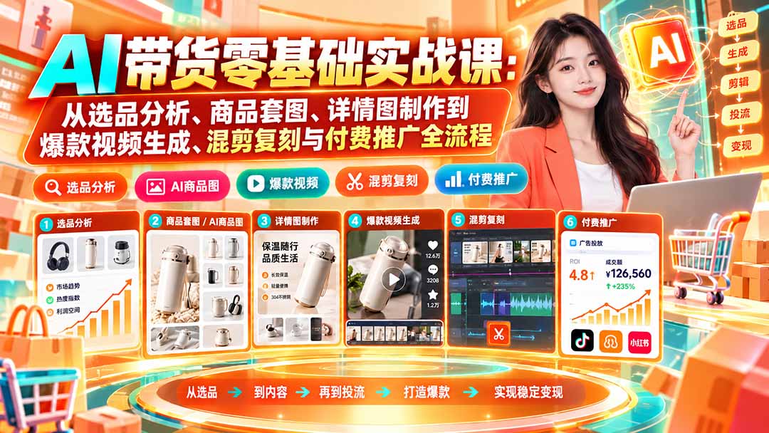 AI带货零基础实战课：从选品分析、商品套图、详情图制作到爆款视频生成、混剪复刻与付费推广全流程-HEIXMI（中国站）