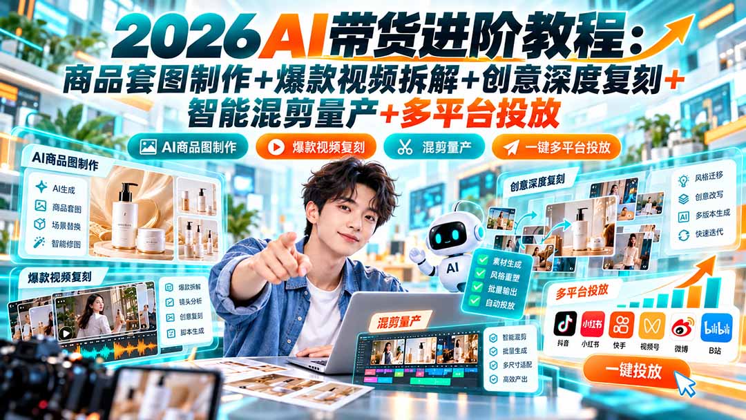 2026AI带货进阶教程：商品套图制作+爆款视频拆解+创意深度复刻+智能混剪量产+多平台投放-HEIXMI（中国站）