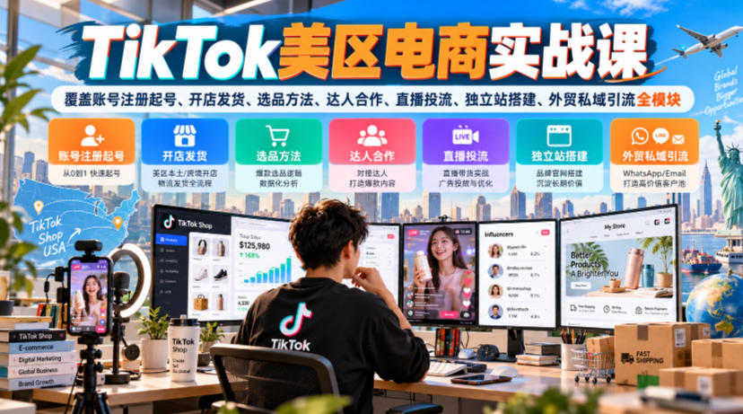 TikTok美区电商实战课，覆盖账号注册起号、开店发货、选品方法、达人合作、直播投流、独立站搭建、外贸私域引流全模块-HEIXMI（中国站）