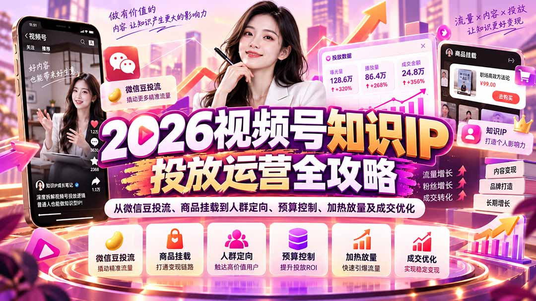 2026视频号知识IP投放运营全攻略：从微信豆投流、商品挂载到人群定向、预算控制、加热放量及成交优化-HEIXMI（中国站）