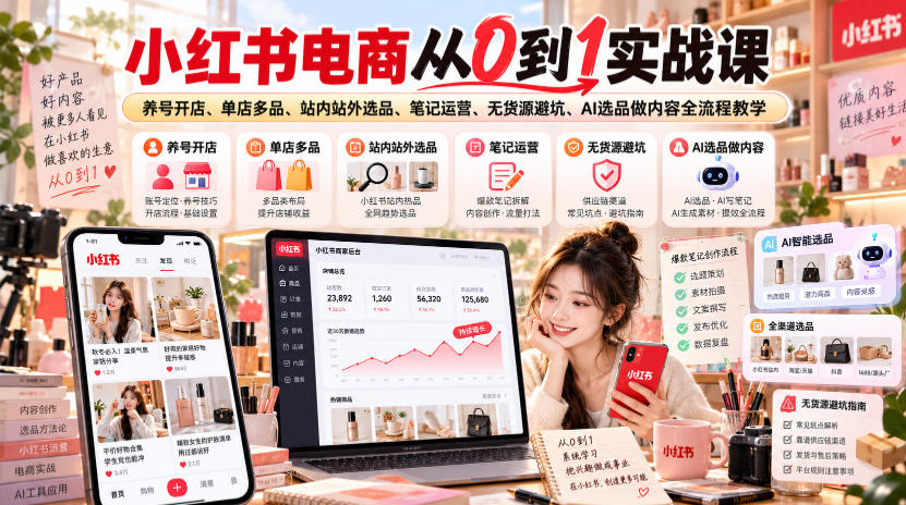小红书电商从0到1实战课｜养号开店、单店多品、站内站外选品、笔记运营、无货源避坑、AI选品做内容全流程教学-HEIXMI（中国站）
