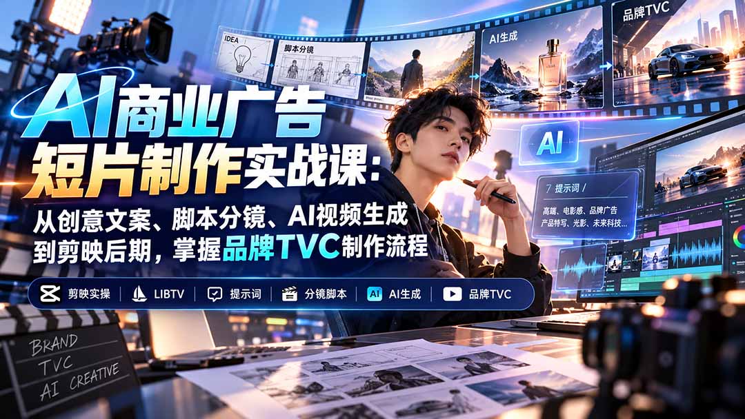 AI商业广告短片制作实战课：从创意文案、脚本分镜、AI视频生成到剪映后期，掌握品牌TVC制作流程-HEIXMI（中国站）